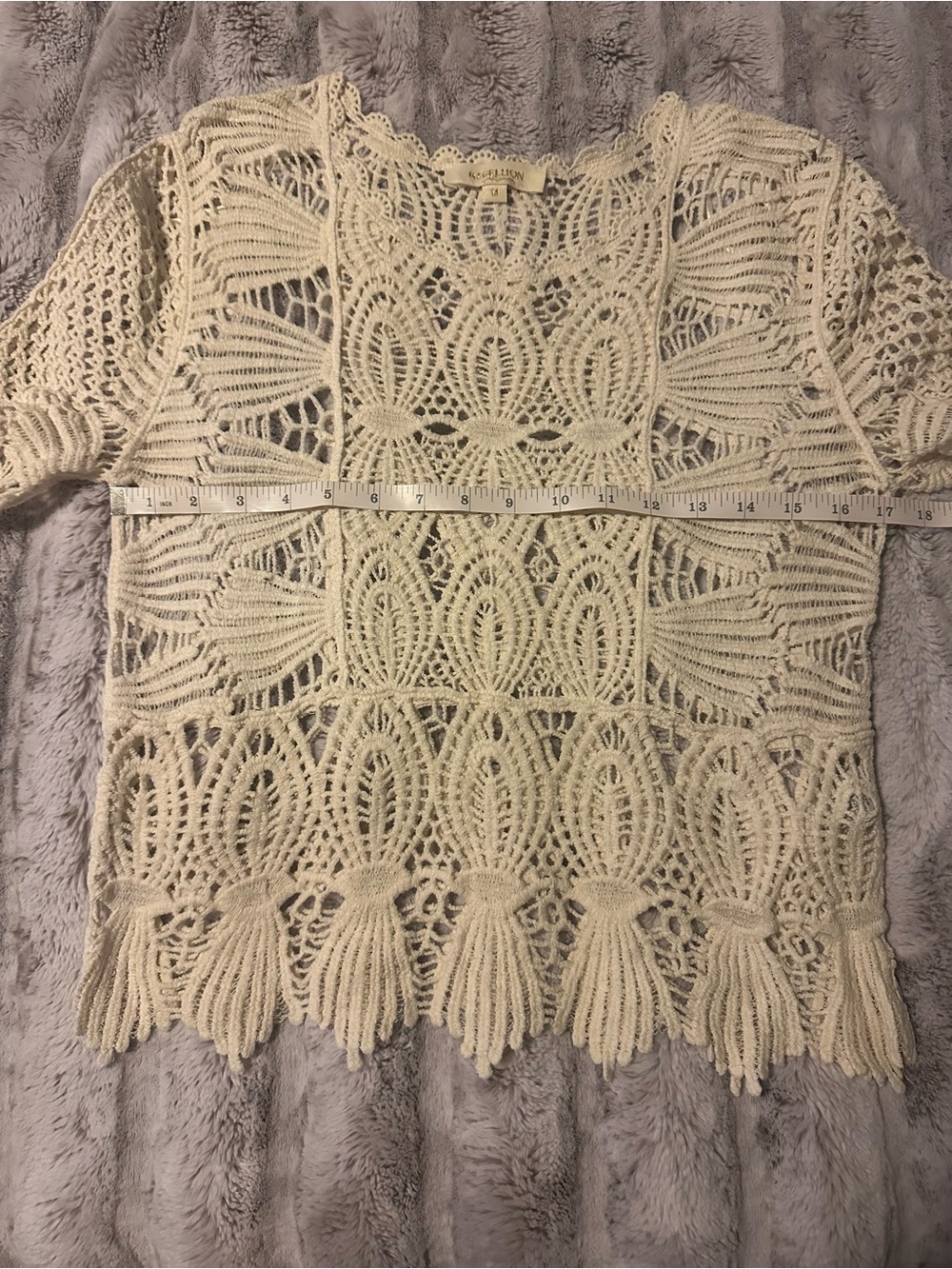 Rebellion Crochet Fringe Long-Sleeve Crop Top in Cream - Picture 8 of 8